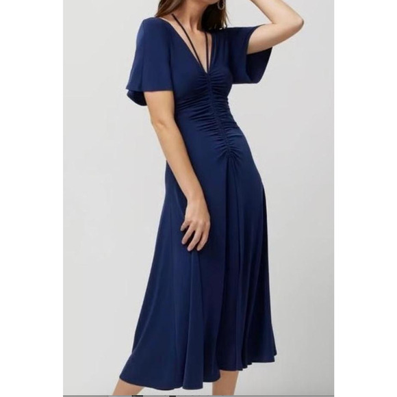 White House Black Market Size S Navy Ruched Cinched Tie Midi Pullover WMN Dress - Picture 8 of 8